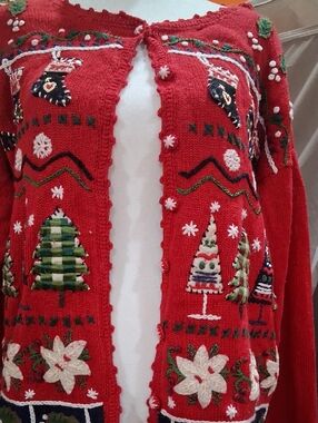 Festive Red Women's Embroidered Holiday Cardigan